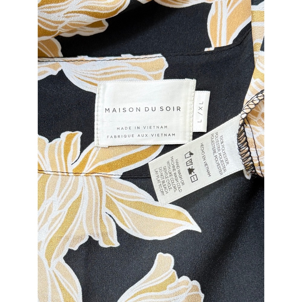 Maison Du Soir Kimono Maxi Robe Black Gold Floral Leaf Loungewear Resort L/XL - Picture 5 of 8